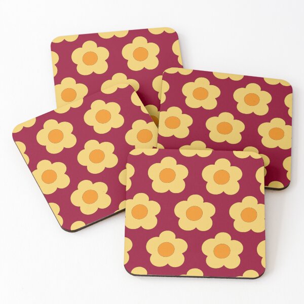 Item preview, Groovy retro 1970s style simple graphic rounded Patel yellow florals on deep cranberry red designed and sold by PrettywithColor.