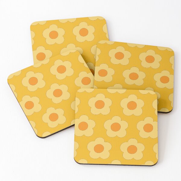 Item preview, Cheerful retro 1970s style simple graphic rounded Patel warm yellow florals on yellow background designed and sold by PrettywithColor.