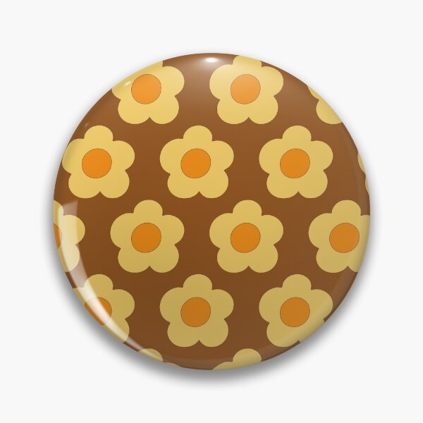 Item preview, Retro 1970s style simple graphic rounded Patel warm yellow florals on brown background designed and sold by PrettywithColor.