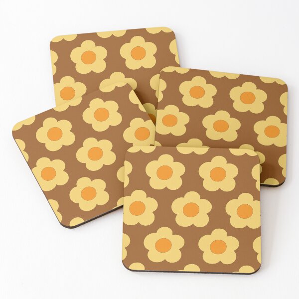 Item preview, Retro 1970s style simple graphic rounded Patel warm yellow florals on brown background designed and sold by PrettywithColor.
