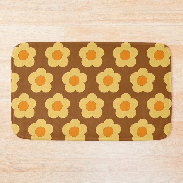 Item preview, Retro 1970s style simple graphic rounded Patel warm yellow florals on brown background designed and sold by PrettywithColor.