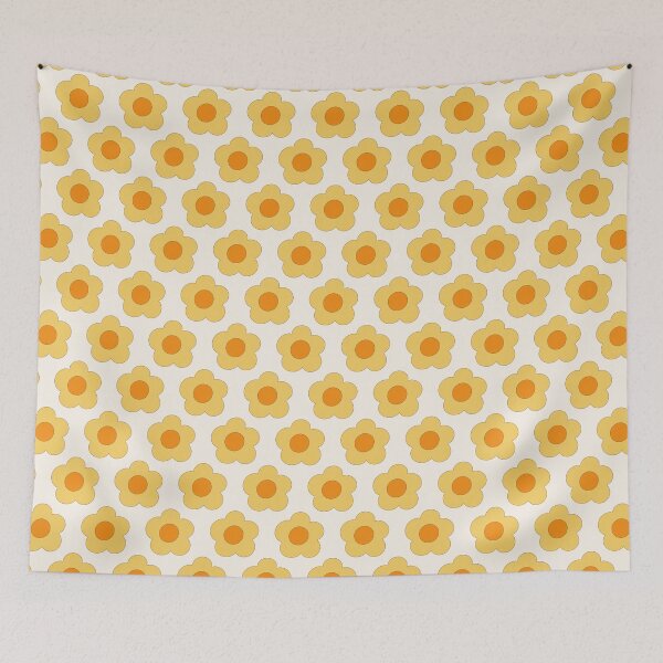 Item preview, cheerful Groovy Retro 1970s style simple graphic rounded Patel warm yellow florals on creamy white background designed and sold by PrettywithColor.