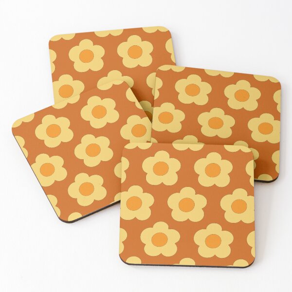 Item preview, cheerful Groovy Retro 1970s style simple graphic rounded Patel warm yellow florals on terracotta background designed and sold by PrettywithColor.