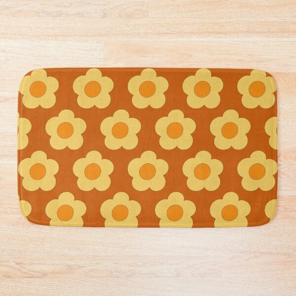 Item preview, cheerful Groovy Retro 1970s style simple graphic rounded Patel warm yellow florals on terracotta background designed and sold by PrettywithColor.