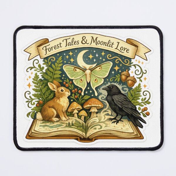 Item preview, Forest Tales and Moonlit Lore Bookish Woodland Rabbit Raven Moth Art designed and sold by inkoutninja.