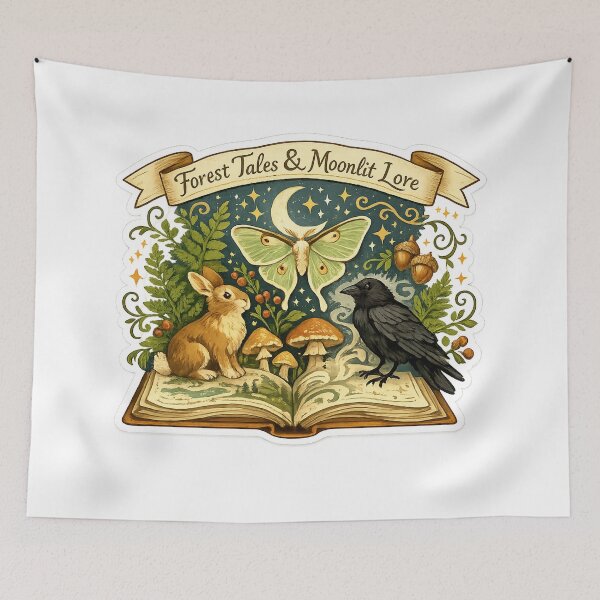 Item preview, Forest Tales and Moonlit Lore Bookish Woodland Rabbit Raven Moth Art designed and sold by inkoutninja.