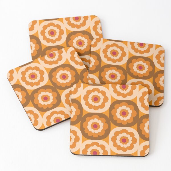 Item preview, Mid-century retro 1970s style blooms in stacked geometric cube blocks in orange and brown designed and sold by PrettywithColor.