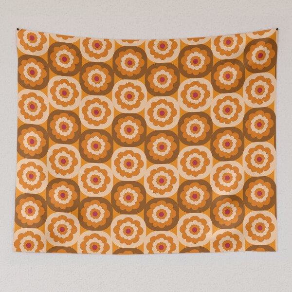 Item preview, Mid-century retro 1970s style blooms in stacked geometric cube blocks in orange and brown designed and sold by PrettywithColor.