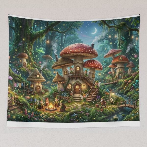 Item preview, Magical Fairy Tale Forest with Gnome Mushroom Houses and Fairies designed and sold by Deep Layer.