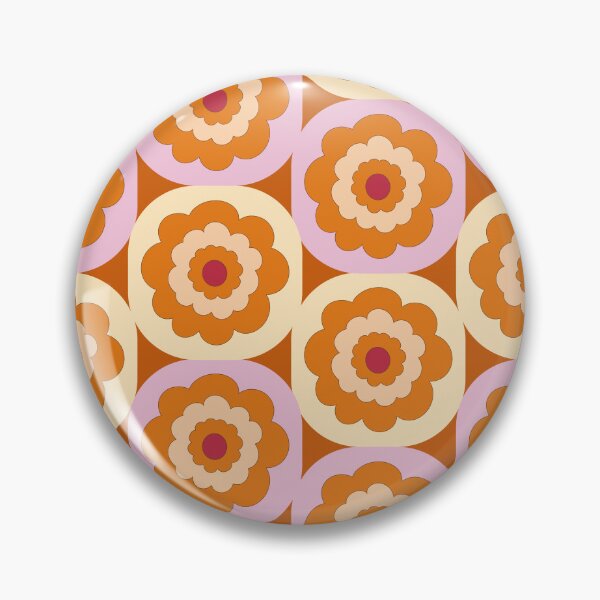 Item preview, Retro Mid-century 1970s style floral blooms in stacked geometric cube blocks in orange pink and brown designed and sold by PrettywithColor.