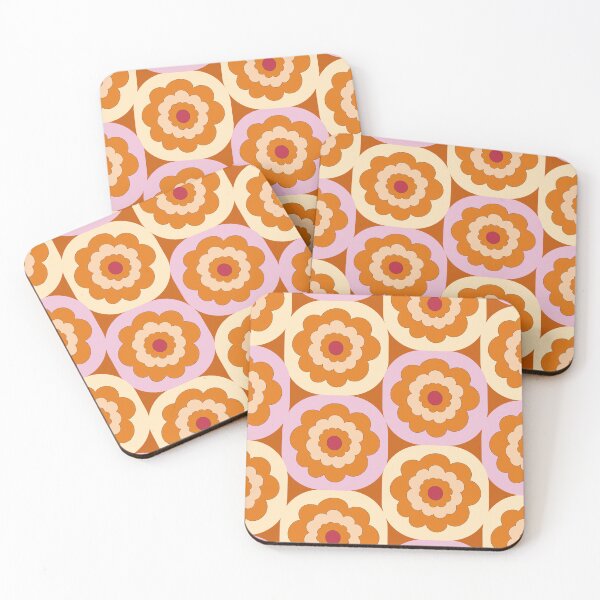 Item preview, Retro Mid-century 1970s style floral blooms in stacked geometric cube blocks in orange pink and brown designed and sold by PrettywithColor.