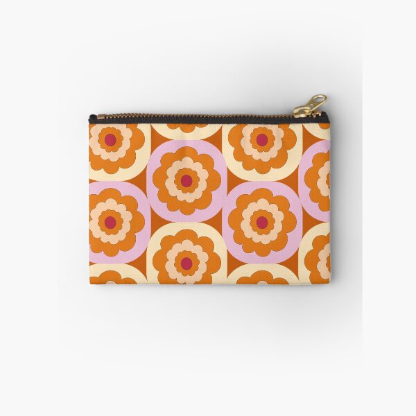 Item preview, Retro Mid-century 1970s style floral blooms in stacked geometric cube blocks in orange pink and brown designed and sold by PrettywithColor.