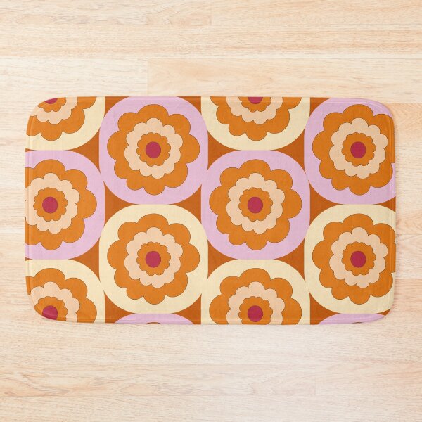 Item preview, Retro Mid-century 1970s style floral blooms in stacked geometric cube blocks in orange pink and brown designed and sold by PrettywithColor.