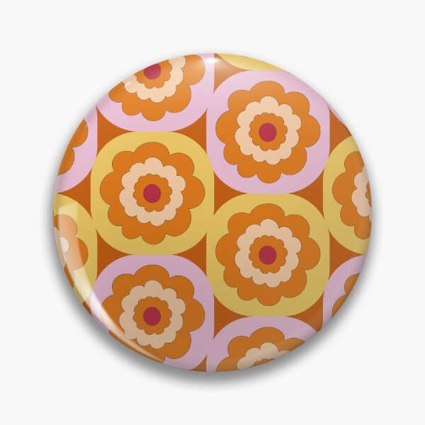 Item preview, Retro Mid-century 1970s style floral blooms in stacked geometric cube blocks in orange pink and brown designed and sold by PrettywithColor.