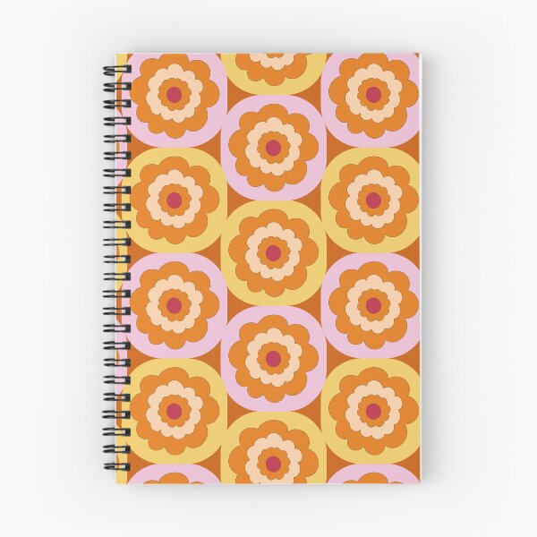 Item preview, Retro Mid-century 1970s style floral blooms in stacked geometric cube blocks in orange pink and brown designed and sold by PrettywithColor.