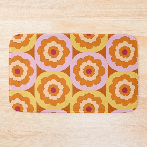 Item preview, Retro Mid-century 1970s style floral blooms in stacked geometric cube blocks in orange pink and brown designed and sold by PrettywithColor.