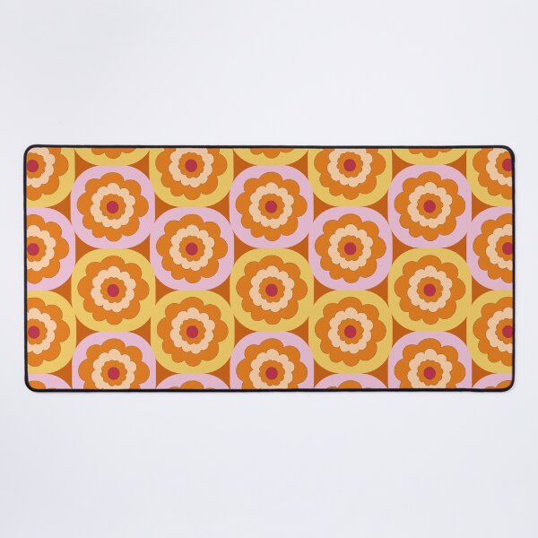 Item preview, Retro Mid-century 1970s style floral blooms in stacked geometric cube blocks in orange pink and brown designed and sold by PrettywithColor.