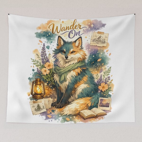Item preview, Wander On Fox Traveler Lantern Wildflower Adventure Watercolor Art Design designed and sold by inkoutninja.