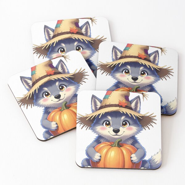Item preview, Cute Scarecrow Wolf Puppy Hugging Autumn Pumpkin designed and sold by pumsquare.