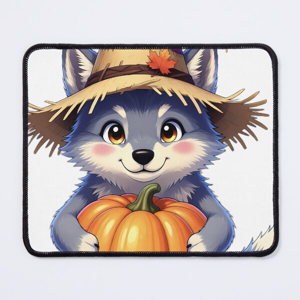 Item preview, Cute Scarecrow Wolf Puppy Hugging Autumn Pumpkin designed and sold by pumsquare.