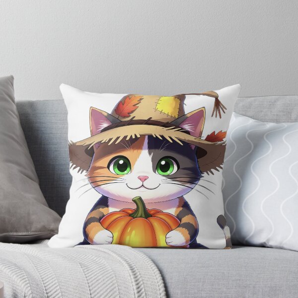 Item preview, Cute Scarecrow Calico Cat Hugging Glowing Harvest Pumpkin designed and sold by pumsquare.