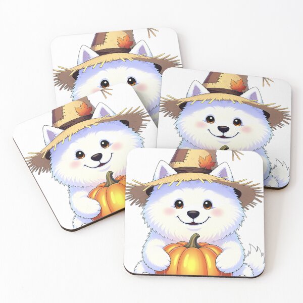 Item preview, Cute Scarecrow Samoyed Puppy Hugging Autumn Pumpkin designed and sold by pumsquare.