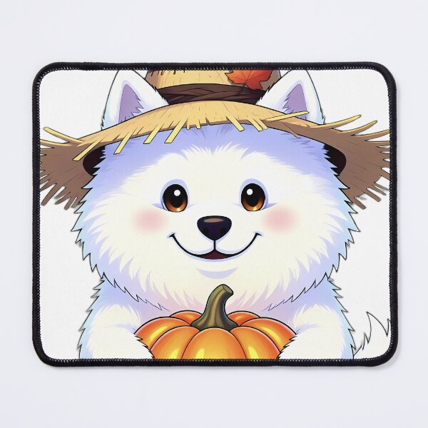 Item preview, Cute Scarecrow Samoyed Puppy Hugging Autumn Pumpkin designed and sold by pumsquare.