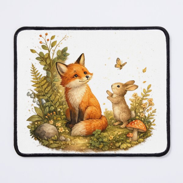 Item preview, Fox and Rabbit Woodland Friends Butterfly Mushroom Cottagecore Art Design designed and sold by inkoutninja.