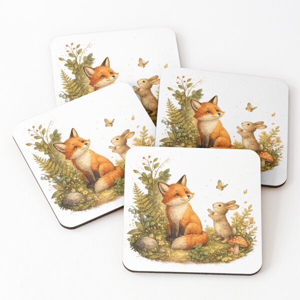 Item preview, Fox and Rabbit Woodland Friends Butterfly Mushroom Cottagecore Art Design designed and sold by inkoutninja.