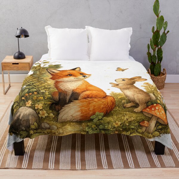 Item preview, Fox and Rabbit Woodland Friends Butterfly Mushroom Cottagecore Art Design designed and sold by inkoutninja.