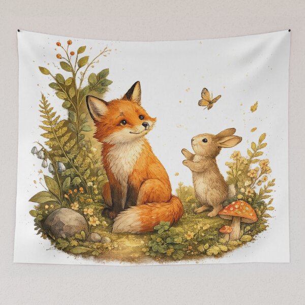 Item preview, Fox and Rabbit Woodland Friends Butterfly Mushroom Cottagecore Art Design designed and sold by inkoutninja.