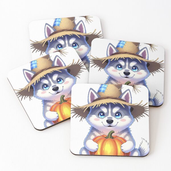 Item preview, Cute Scarecrow Siberian Husky Puppy Hugging Autumn Pumpkin designed and sold by pumsquare.