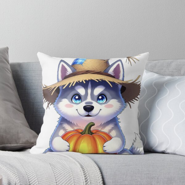 Item preview, Cute Scarecrow Siberian Husky Puppy Hugging Autumn Pumpkin designed and sold by pumsquare.
