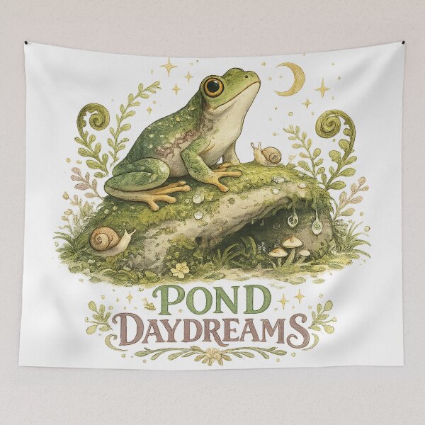 Item preview, Pond Daydreams Frog Snail Crescent Moon Cottagecore Woodland Art designed and sold by inkoutninja.