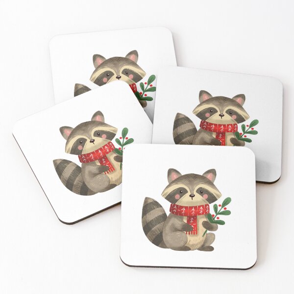 Item preview, Cute raccoon holding a sprig of holly, wearing a red scarf during winter season designed and sold by Ms. Iryna.