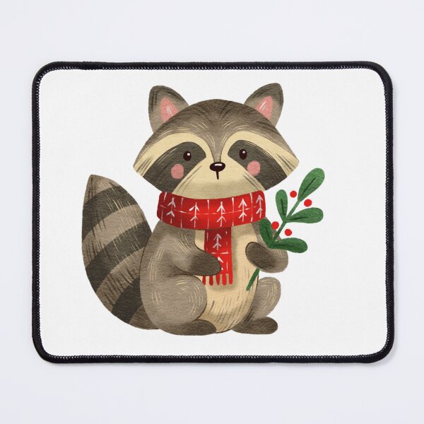 Item preview, Cute raccoon holding a sprig of holly, wearing a red scarf during winter season designed and sold by Ms. Iryna.