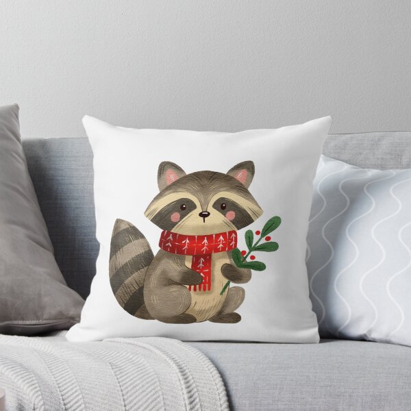 Item preview, Cute raccoon holding a sprig of holly, wearing a red scarf during winter season designed and sold by Ms. Iryna.