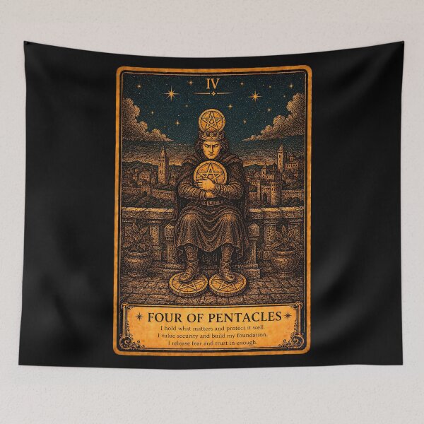 Item preview, Four of Pentacles Tarot Card - Stability & Material Control Illustration designed and sold by ArcanaAbsolute.