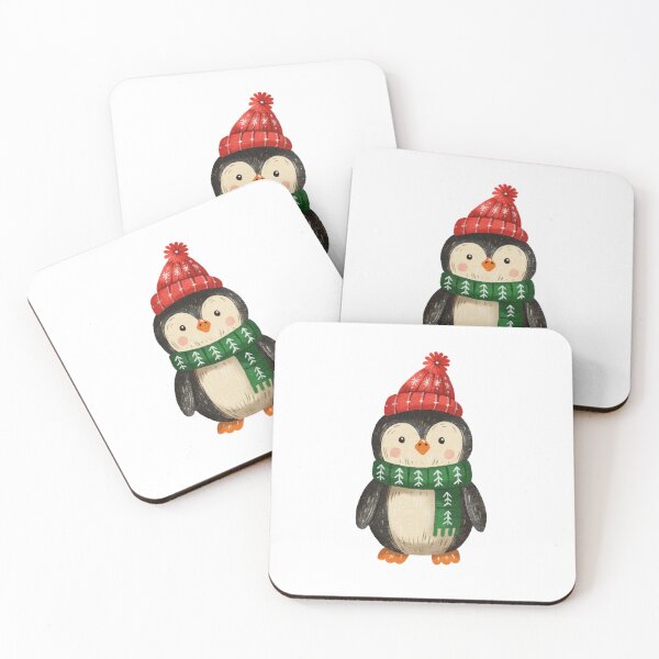 Item preview, Cute penguin wearing a red hat and green scarf standing on a white background designed and sold by Ms. Iryna.