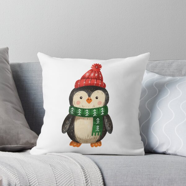 Item preview, Cute penguin wearing a red hat and green scarf standing on a white background designed and sold by Ms. Iryna.