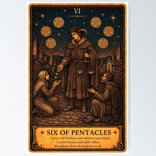 Item preview, Six of Pentacles Tarot Card - Generosity & Abundance Art designed and sold by ArcanaAbsolute.