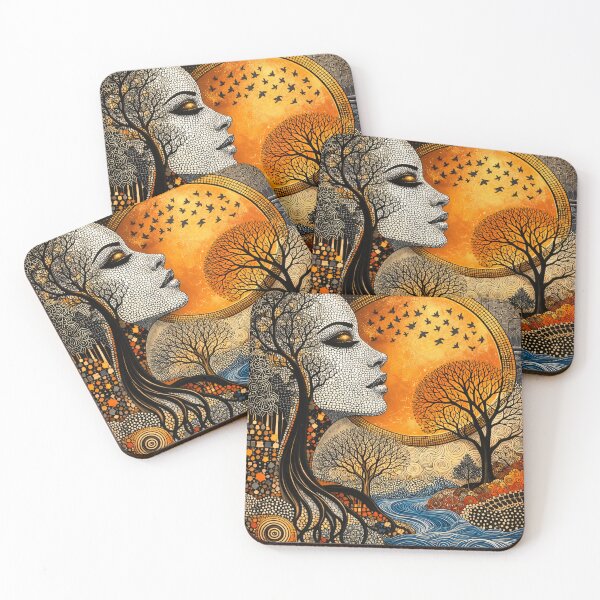 Item preview, Woman and Trees Under Golden Sun – Boho Abstract Nature Art Print designed and sold by Kaleidoscope Print.