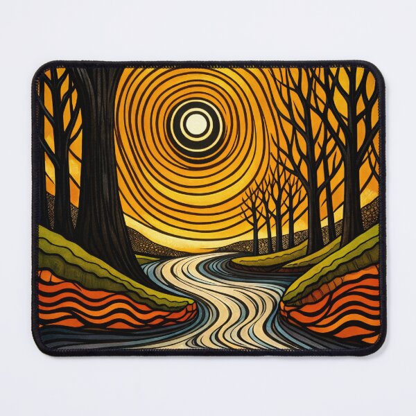 Item preview, Abstract Forest River with Golden Sun – Retro Boho Nature Art Print designed and sold by Kaleidoscope Print.
