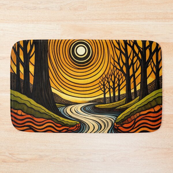 Item preview, Abstract Forest River with Golden Sun – Retro Boho Nature Art Print designed and sold by Kaleidoscope Print.