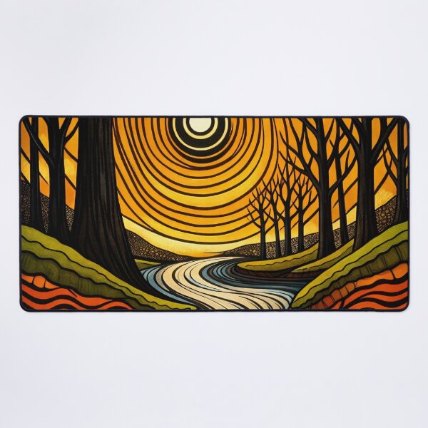 Item preview, Abstract Forest River with Golden Sun – Retro Boho Nature Art Print designed and sold by Kaleidoscope Print.