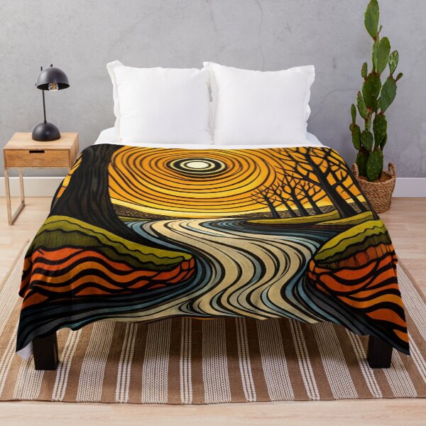 Item preview, Abstract Forest River with Golden Sun – Retro Boho Nature Art Print designed and sold by Kaleidoscope Print.