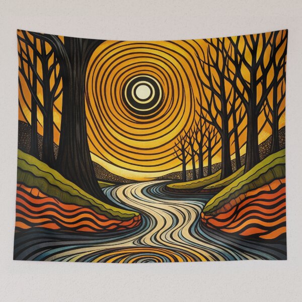 Item preview, Abstract Forest River with Golden Sun – Retro Boho Nature Art Print designed and sold by Kaleidoscope Print.