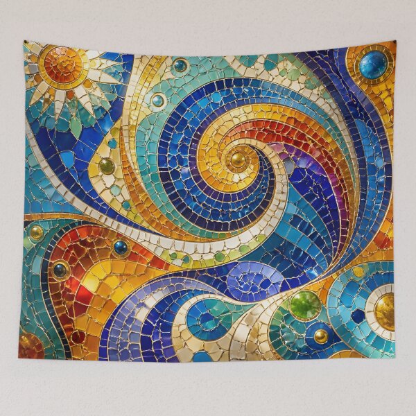 Item preview, Colorful Gaudi Inspired Mosaic Spiral Swirls and Sun Art Print designed and sold by GrinGalore.