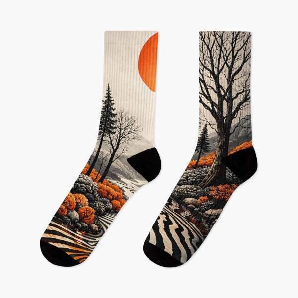 Item preview, Orange Sun Over Abstract Mountain Valley – Graphic Nature Landscape Art Print designed and sold by Kaleidoscope Print.