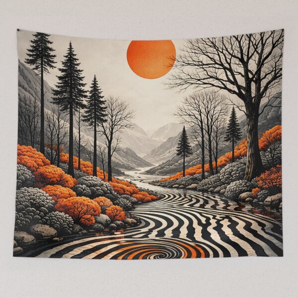 Item preview, Orange Sun Over Abstract Mountain Valley – Graphic Nature Landscape Art Print designed and sold by Kaleidoscope Print.